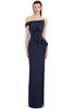 Navy off-shoulder column gown with sculpted ruffle and sleek slit