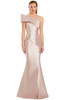 Blush satin gown with draped one-shoulder bodice and clean silhouette