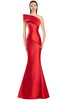 Striking red satin gown with sculpted one-shoulder neckline and asymmetrical seamwork