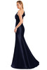 Navy gown with asymmetric neckline and flowing flared skirt