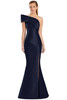 Structured navy satin gown with sculpted neckline and high slit