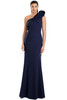 Navy crepe gown with dramatic floral shoulder and minimalist styling