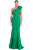 Bright emerald gown with floral-inspired one-shoulder detail and flared skirt
