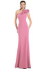 Soft pink crepe gown with one-shoulder neckline and sculpted floral shoulder detail.