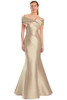 Champagne gown with sculpted pleats and elegant flared hem