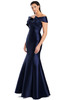 Navy satin gown with folded neckline and figure-hugging fit