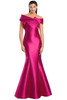 Fuchsia satin gown with pleated off-shoulder bodice and hourglass shape