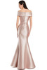 Back view with covered buttons and draped satin pleats
