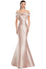 Blush satin gown with sculpted pleats and folded off-shoulder neckline