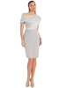 Elegant silver cocktail dress with asymmetrical neckline and fitted silhouette