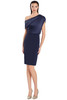 Navy sheath dress with pleated satin one-shoulder top and sleek pencil skirt