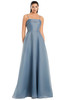Simple A-line gown with sheer blue organza overlay and square neckline spaghetti straps
