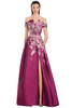 Off-shoulder fuchsia A-line gown with metallic floral embroidery and bold front slit