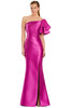 Bold fuchsia gown with one-shoulder ruffle sleeve and sleek fitted silhouette