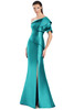 Turquoise one-shoulder gown with cascading ruffle and slimming satin drape detail