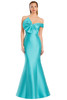 Aqua gown with asymmetric bow neckline and figure-flattering fit