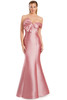 Soft rose pink gown featuring bold sweetheart bow and fit-and-flare silhouette