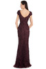 Deep V-back and vine-like appliqué create a flattering, sculpted silhouette