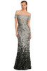 Off-the-shoulder gown with fitted bodice and cascading Ombre 3D floral appliqué