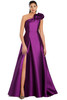 Vibrant orchid gown with sculptural shoulder ruffle and daring thigh-high slit