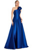 Royal blue A-line gown with asymmetric neckline and dramatic shoulder rosette