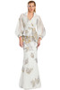 Ivory textured gown with gold and lavender embroidery and a belted peplum waist