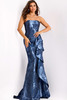 Jovani 42028 close-up showing shimmering brocade fabric and structured neckline.