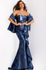 Strapless navy metallic mermaid gown with cascading ruffle and detachable shawl, front view.
