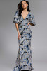 Jovani 39692 multi-color mother of the bride gown with puff sleeves, V-neckline, and floral embellishments.