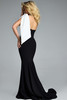 Side angle of Jovani 41132 showing sculpted fit and two-tone draped shoulder feature.