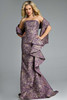 Alternate pose of Jovani 41134 with matching wrap and metallic floral texture.