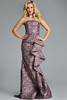 Jovani 41134 strapless purple jacquard gown with cascading ruffle and fit-and-flare silhouette.