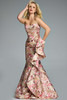 Strapless floral jacquard mermaid gown with ruffled flare and sweetheart neckline