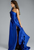 Side angle of Jovani 43277 showing flowing mikado drape and sculpted fit.