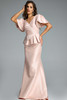Side view of Jovani 43805 featuring cross-front bodice and smooth satin finish.