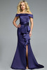 Jovani 43806 navy off-shoulder satin gown with side ruffle, high slit, and beaded waist detail.
