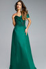 Jovani 43808 dark green off-the-shoulder gown with pleated neckline and floral beaded embellishment.