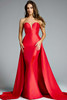 Jovani 44180 red strapless mother of the bride gown with sweetheart neckline and A-line overskirt.