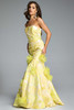 Side angle of Jovani 44351 featuring sculpted strapless neckline and radiant floral accents.