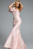 Jovani 44354 side pose featuring curve-hugging fit and soft embroidered florals throughout
