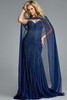 Jovani 44840 gown in navy with rhinestone pattern and dramatic tulle cape overlay