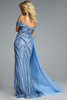 Back view of Jovani 44843 showing illusion corset, draped train, and sculpted beadwork