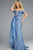 Side pose of Jovani 44843 highlighting cascading overlay and shimmering striped bead design