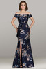 Feriani 12456 navy floral jacquard gown with fit-and-flare silhouette, off-shoulder neckline, and skirt slit