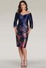 Feriani 18334 floral navy mikado short MOB dress with off-the-shoulder neckline and 3/4 sleeves