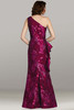 Style 18443 in fuchsia floral jacquard with fit-and-flare silhouette and bold ruffle accent