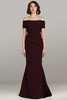 Cranberry version of style 18477 with floral appliqué and flattering off-shoulder neckline