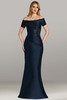 Feriani 18480 long navy mikado column gown with off-the-shoulder neckline and sequin detail across bodice