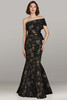 Feriani style 18481 in black and teal floral brocade with pleated one‑shoulder neckline and sculpted fit