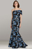Feriani 18481 black and blue one‑shoulder brocade gown with fit‑and‑flare silhouette and floral pattern
